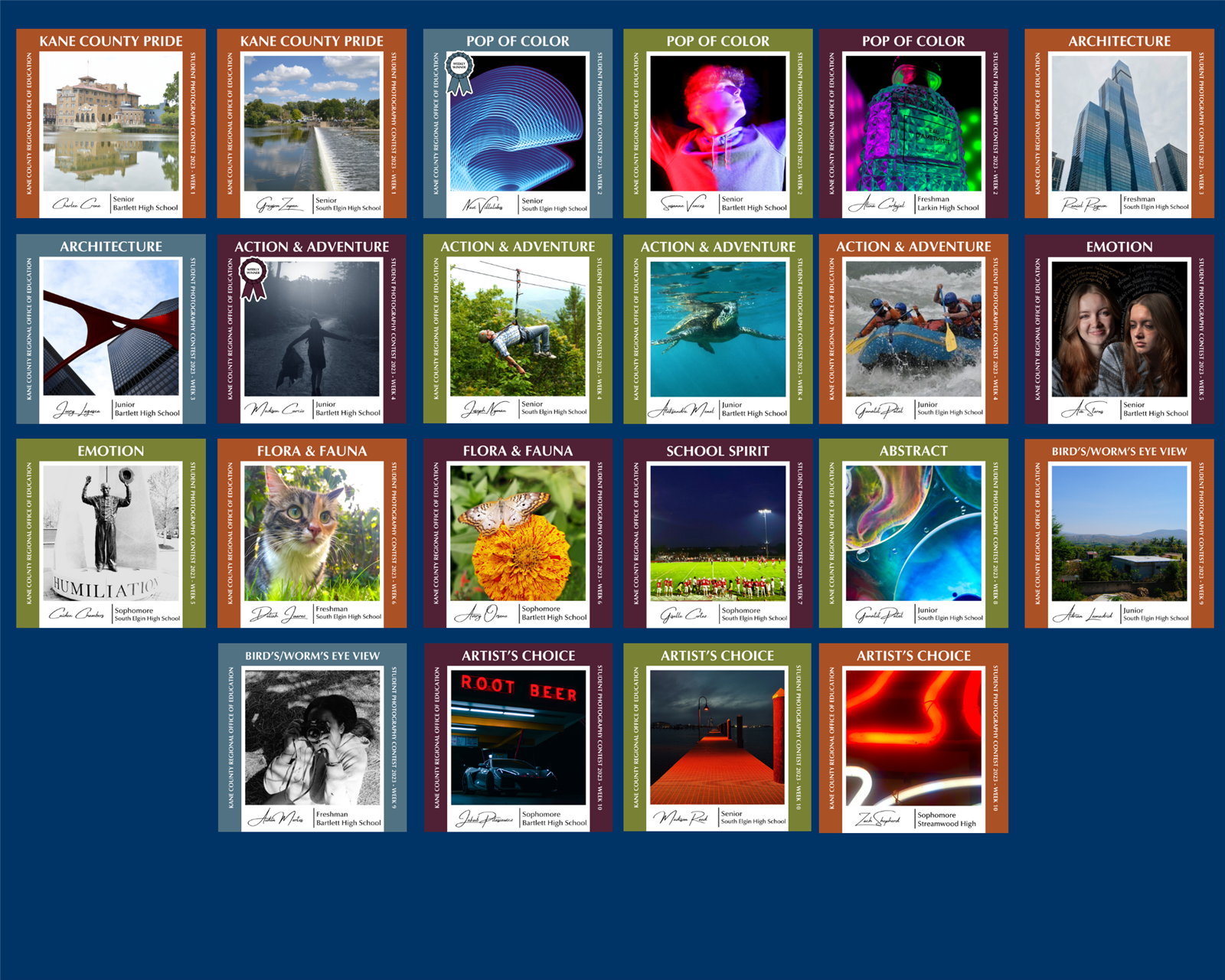  A collage of U-46 student winners from the 2023 Kane County Student Photography Contest